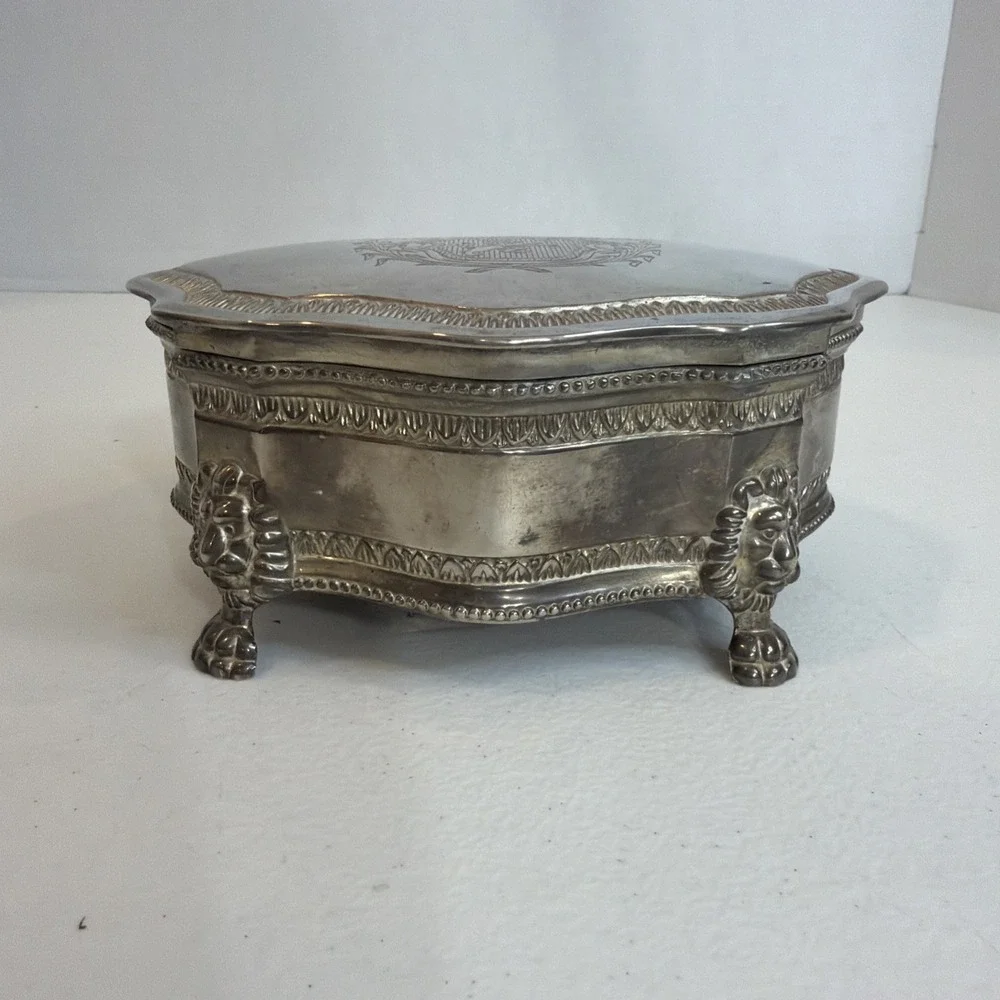 Vintage Silver Plated Jewelry Trinket Box Lion Feet British Royal Coat of Arms